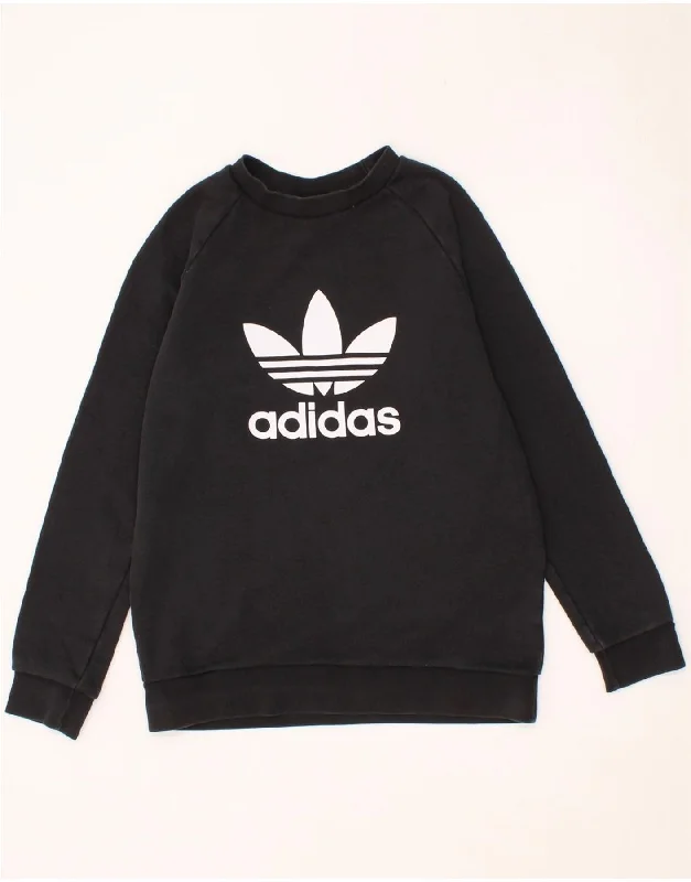ADIDAS Womens Graphic Sweatshirt Jumper UK 10 Small Black Cotton Hoodie with Hem Applique Textured Unique
