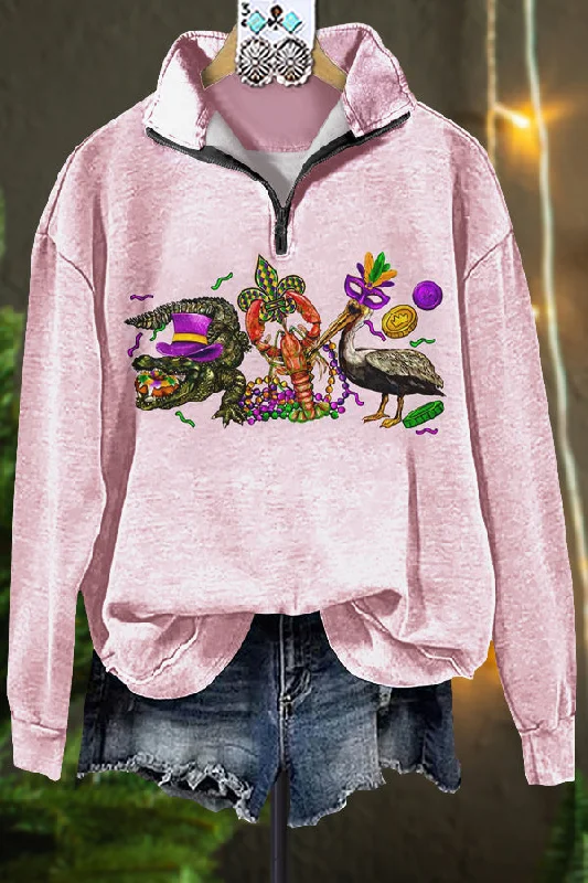 Classic Contrast Mardi Gras Sweatshirt Hoodie with Hem Elastic Stretchable Comfortable