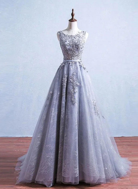 Grey Tulle and Lace A-line Charming Gowns, Woman Formal Gowns, Handmade Party Dresses Tunics Top Casual
