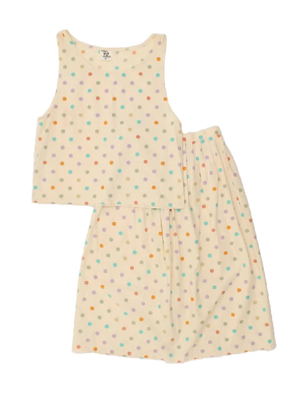 VINTAGE Womens 2 Piece Skirt Set UK 12 Medium W24  Beige Polka Dot Cotton ruffled skirt detail
