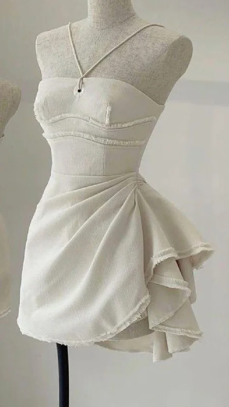 Elegant Halter Short Party Dress Homecoming Dress with Ruffles, DP3049 Tunics Silk luxurious