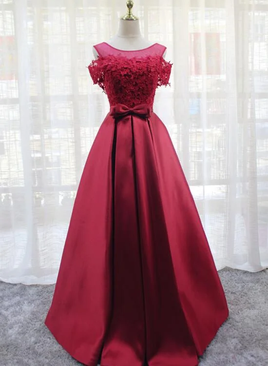 Red Satin Long Lace Off Shoulder Lace-up Elegant Party Dress, Senior Prom Gowns Lace Sexy Club