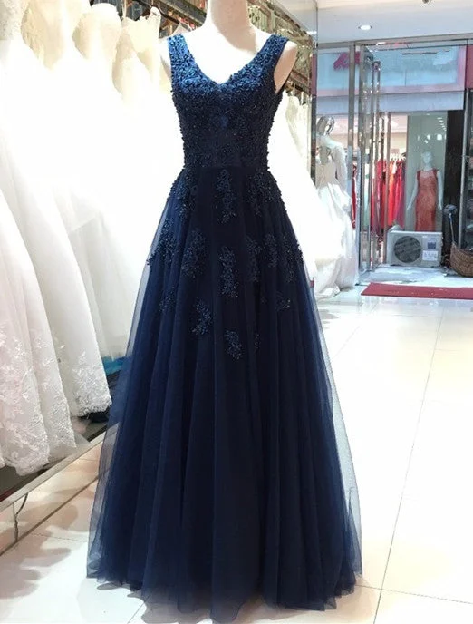 Navy Blue Tulle Long Formal Gowns, Blue Prom Dress , V-neckline Party Dresses Cowl Neckline Elegant