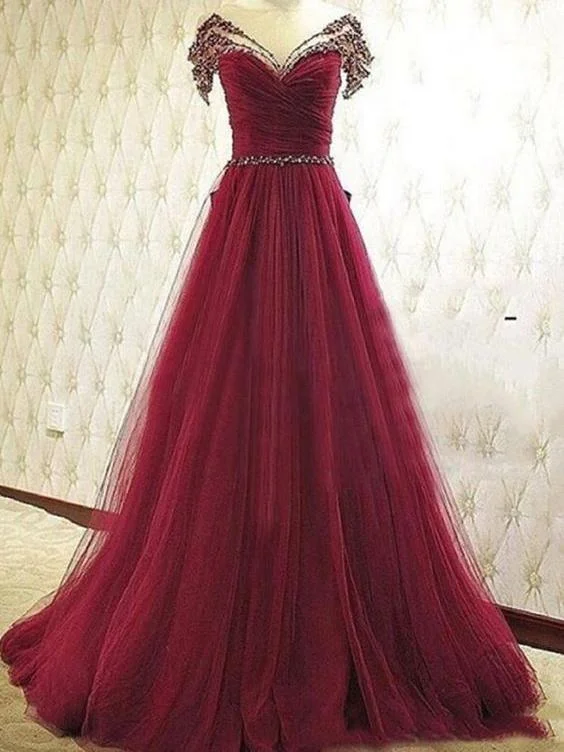 Burgundy Tulle Beaded New Style Party Dress, Long Formal Dresses Sequined Elegant Party
