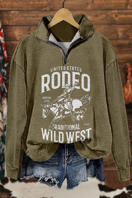 NFR Rodeo Western Cowboy Horse Racing Print Sweatshirt Hoodie with Zipper Placket Modern Functional