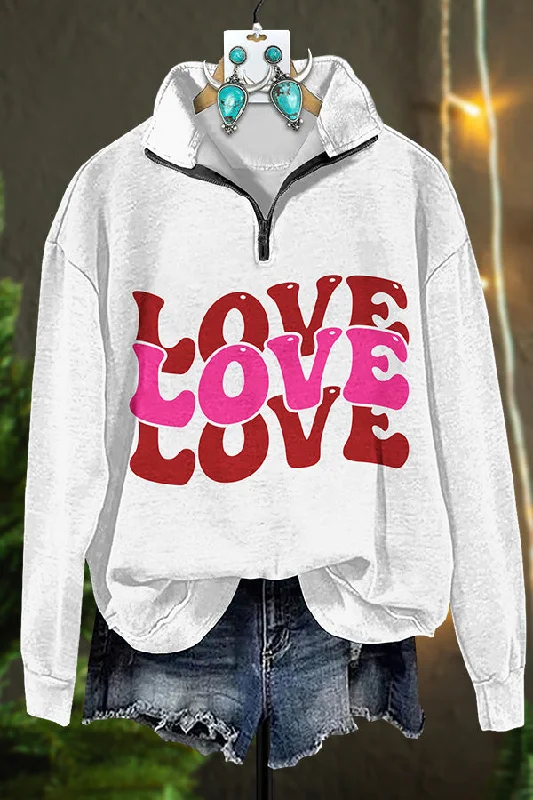 Valentine's Day Love Print Zipper Sweatshirt Hoodie with Back Slit Movement Comfort