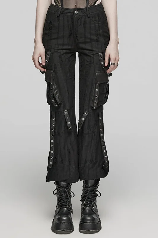 Black Eyelet Pocket Knitted Women's Steampunk Loose Pants Fashionable Sporty Pants