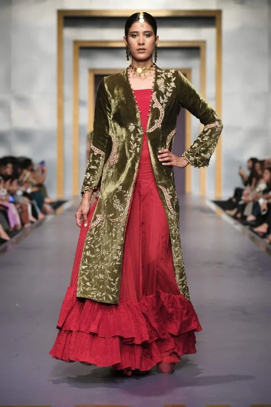 Yasmin Zaman - Green Velvet Jacket - F-190 - 1 Piece Front Pockets Side Pockets Patch Pockets
