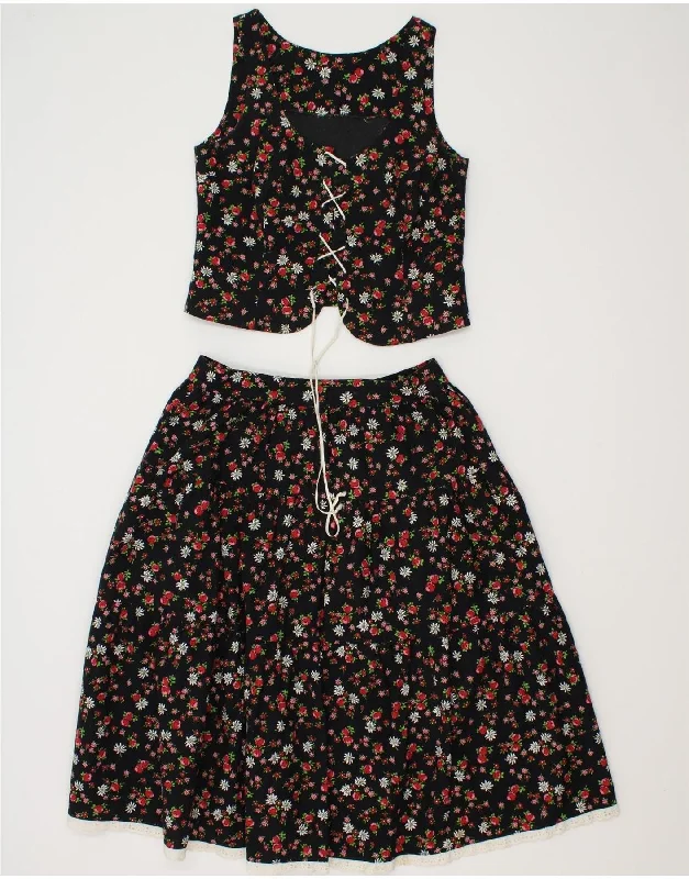 VINTAGE Womens 2 Piece Skirt Set UK 10 Small W28 Black Floral linen skirt breathable