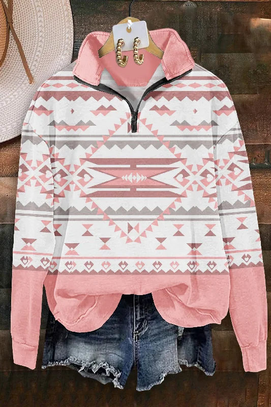 Sweet Aztec Print Zip-Up Sweatshirt Hoodie with Slit Hem Functional Movement