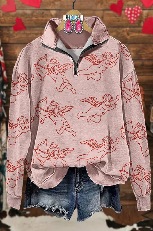 Valentine's Day Cupid Print Zip Sweatshirt Hoodie with Patch Decorative Personalized