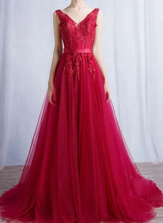 Charming Red V-neckline Tulle Dresses, Red Prom Dresses, Party Dresses  with Applique Tunics Yoga stretchy