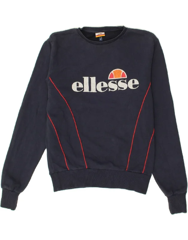ELLESSE Womens Oversized Graphic Sweatshirt Jumper UK 8 small Navy Blue Hoodie with Snap Buttons Easy Quick