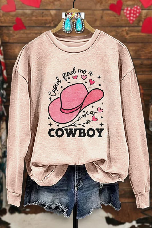 Retro Western Hat Heart Print Sweatshirt Hoodie with Rhinestones Sparkly Elegant