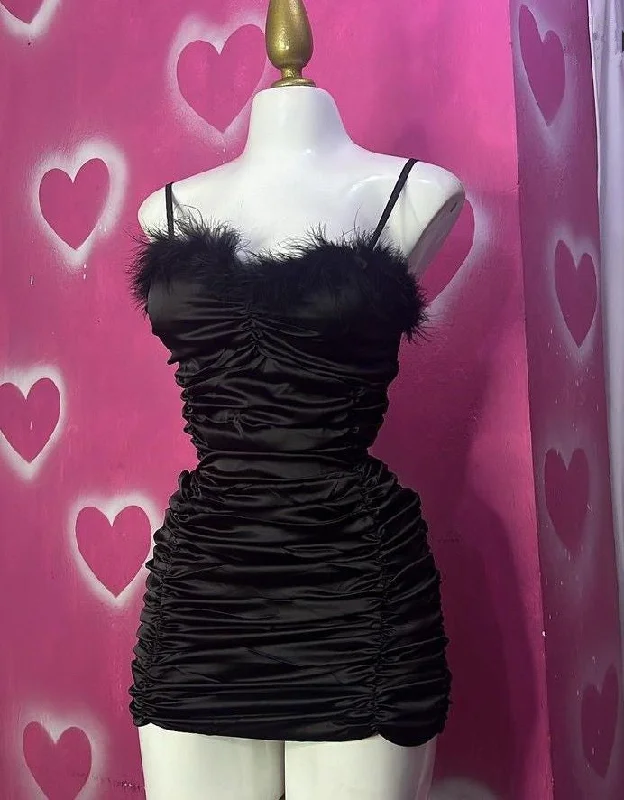 Black Straps Feather Sheath Satin Short Party Dress Homecoming Dress, DP4107 Tunics Chic fashionable