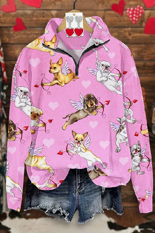 Cute Dog Cupid Valentine's Day Print Zipper Sweatshirt Hoodie with Hem Elastic Stretchable Comfortable
