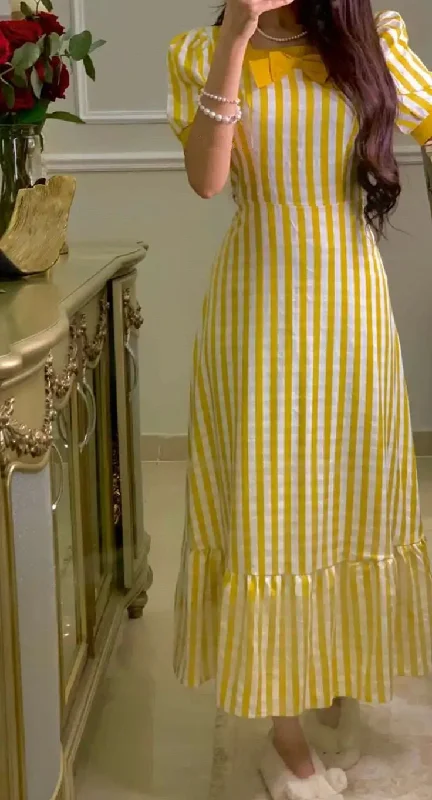 Cute Yellow Short Sleeves A-Line Party Dress Wedding Guest Dress, DP4361 Tunics Summer linen