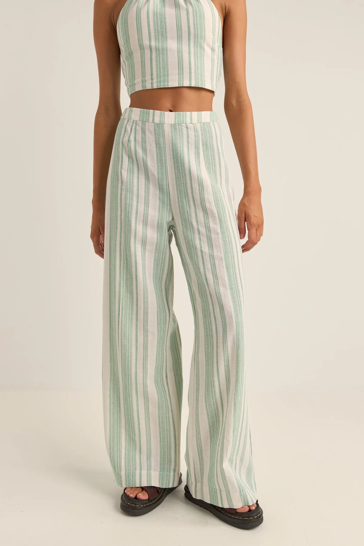 Dinero Stripe Wide Leg Pant - Green Elegant Silk Pants