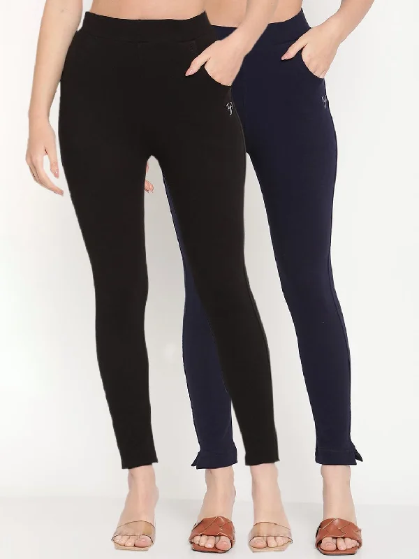 TAG 7 Women Pack of 2 Black & Navy Blue Solid Kurti Pants Classic Cropped Pants