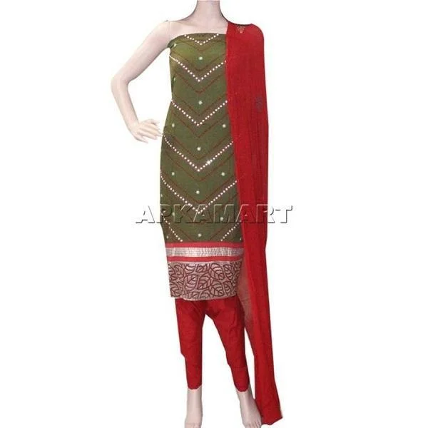 Dark Green and Red with Nylon Dupatta Tie and Dye Dress Material Shift Classic Vintage
