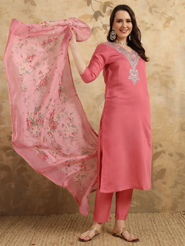Women V Neck Embroidered Work Chanderi Fabric Kurta & Pant With Dupatta Set - Taantav Comfortable Denim Trousers