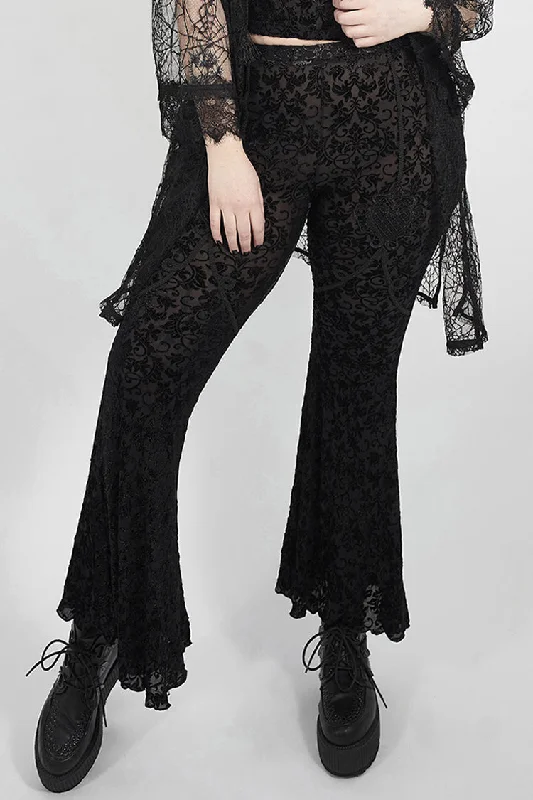 Black Plus Size Velvet Print Front Decals Knit Flare Women's Gothic Pants Soft Stretch Leggings