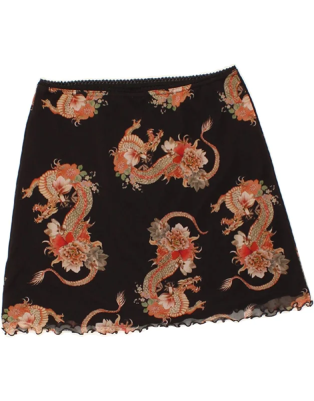 VINTAGE Womens Mini Skirt W28 Medium  Black Floral Polyester denim skirt trendy