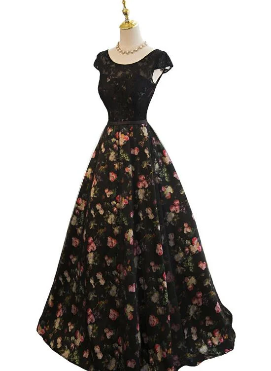 Black Floral Tulle Long Party Gown, Charming Prom Dress , Party Dress Off-the-shoulder Bohemian Festive