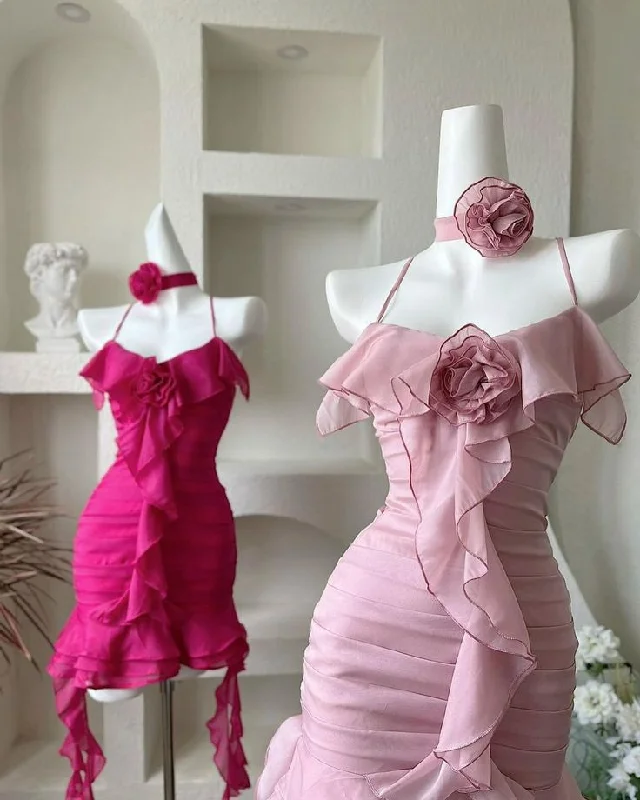 Pink Straps Ruffles Sheath Short Party Dress Birthday Outfits, DP3118 Pleated Skirt Elegant