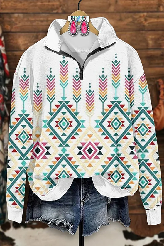 Retro Western Aztec Print Zip-Up Sweatshirt Hoodie with Lace Feminine Delicate
