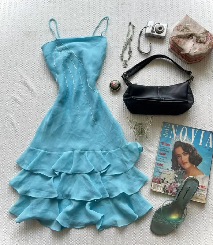 Blue Straps A-Line Vintage Midi Length Cocktail Dress Party Dress, DP4278 Tunics Brand named