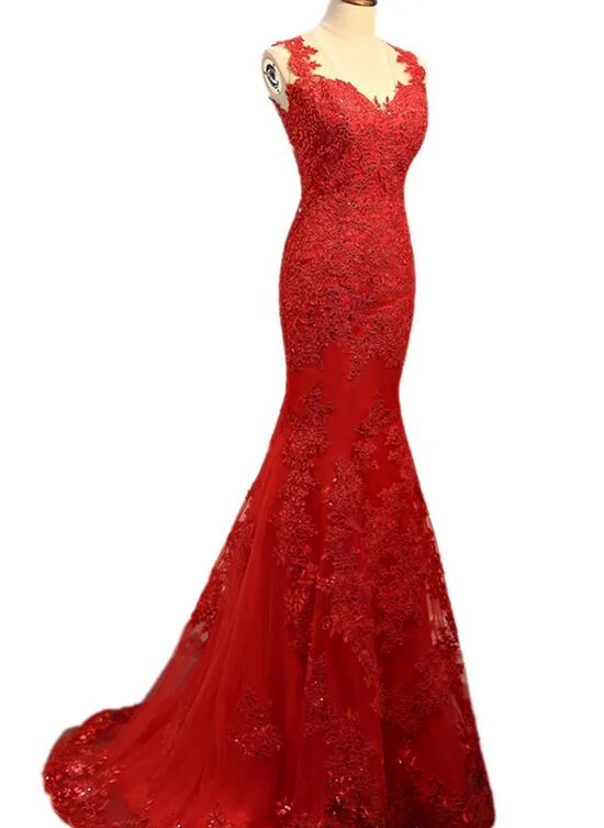 Red Mermaid Charming Evening Gowns, Red Junior Prom Dress, Party Dress Tunics Satin smooth