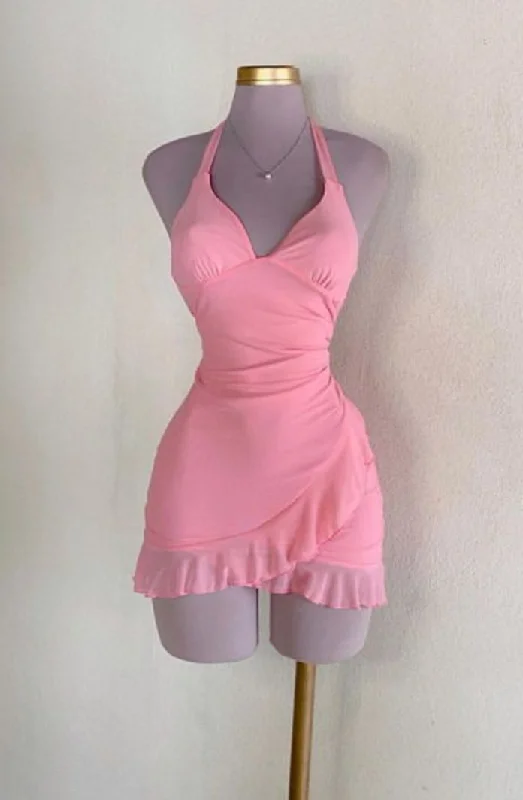 Pink Halter Sheath Ruffles Short Party Dress Mini Birthday Dress DP3934 A-Line Day Work
