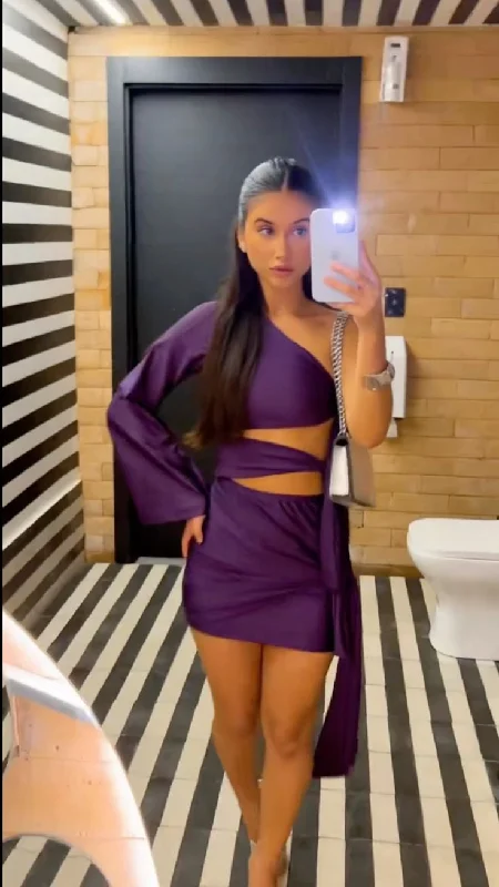 Purple One Shoulder Unique Short Party Dress Homecoming Dress, DP3284 Tunics Bridal satin