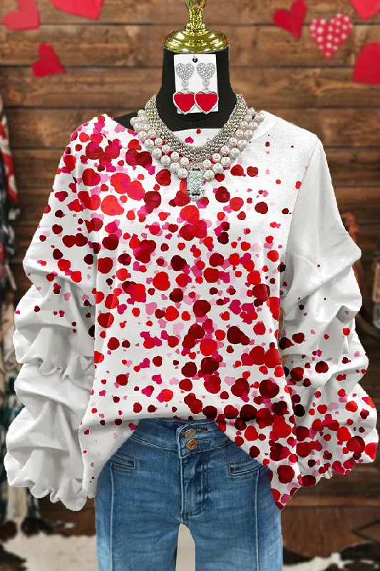 Valentine's Day Heart Print Pleated Sweatshirt Hoodie Jacket Zipper Layering