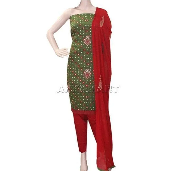 Dark Green and Red Tie and Dye Dress Material Tunics Luxurious high-end