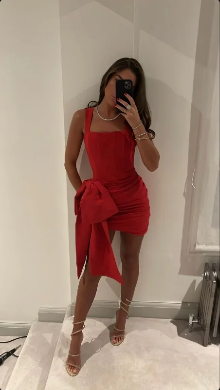 Red Sheath Bowknot Homecoming Dress Short Evening Party Dress DP3240 Tunics Stylish elegant