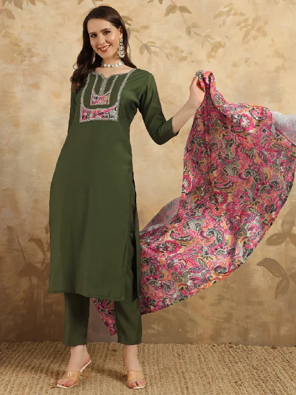 Women V Neck Embroidered Work Chanderi Fabric Kurta & Pant With Dupatta Set - Taantav Formal Wide-Leg Pants