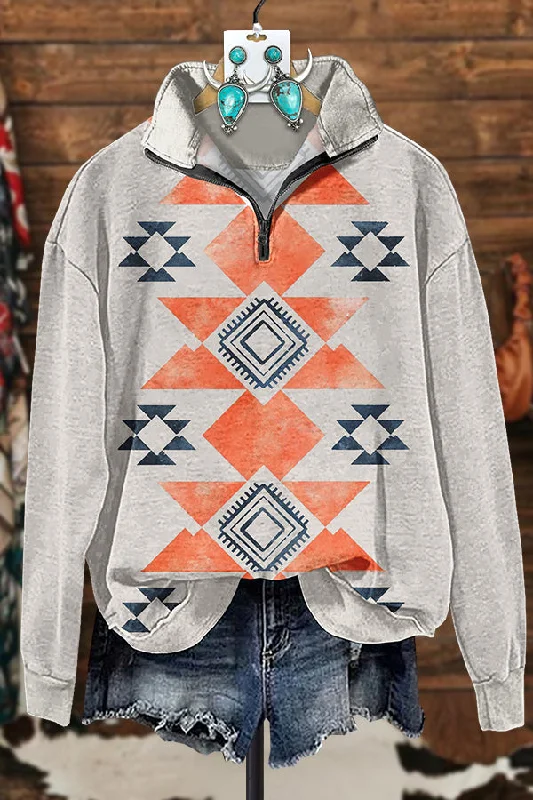 Contrast Color Aztec Printed Zipper Sweatshirt Hoodie with Drop Shoulder Relaxed Streetwear