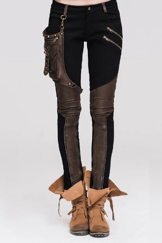 Punk Black Metal Ring Decoration Brown Leg Bag Twill Women's Pants Slim-Fit Khaki Pants