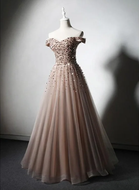 Sparkle Champagne Tulle Long Prom Gown, Off Shoulder Sequins Party Dress Tunics Bestseller popular