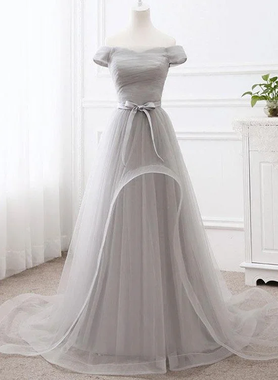 Grey Off Shoulder Tulle Long Party Dress, Grey Tulle Gowns, Formal Dress Tunics Silk luxurious
