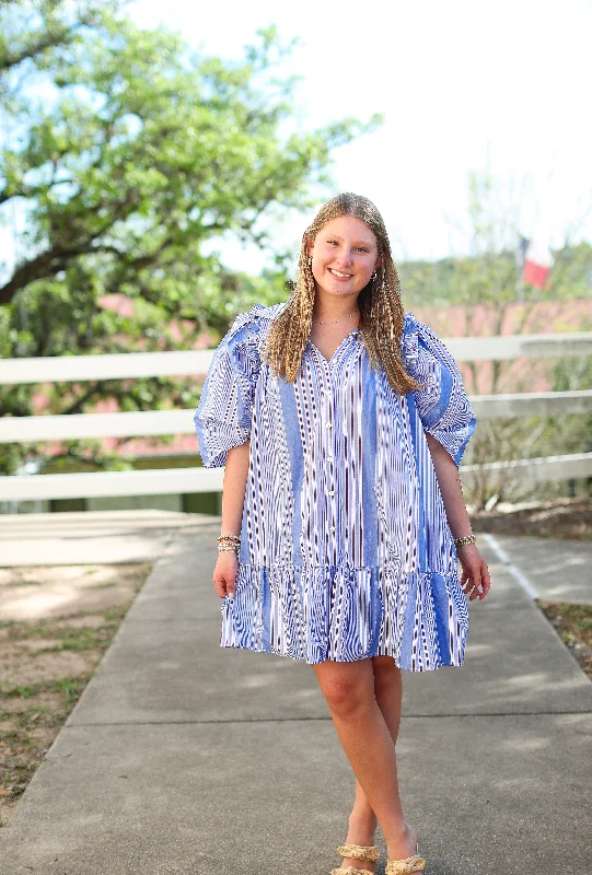 Saige Blue & Red Striped Button Down Dress Tunics Trendy modern