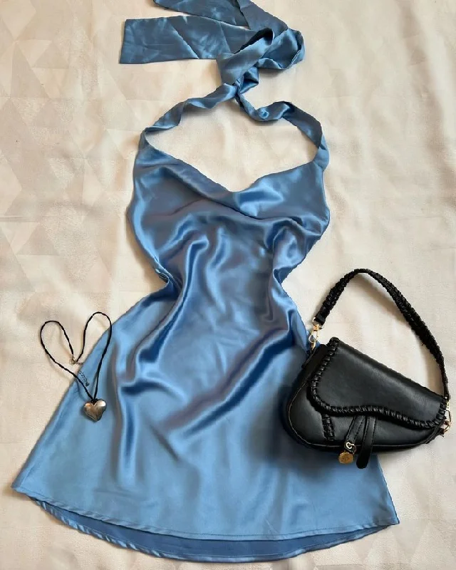 Blue Halter Satin Mini Party Dress Fashion Homecoming Dress, DP3520 Tunics Polka dots