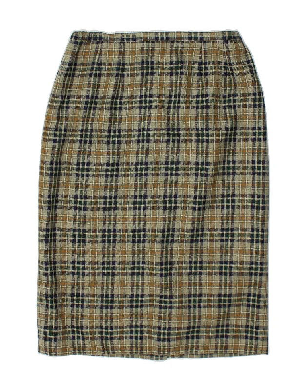VINTAGE Womens Straight Skirt Medium W30 Navy Blue Check Wool wool skirt sturdy