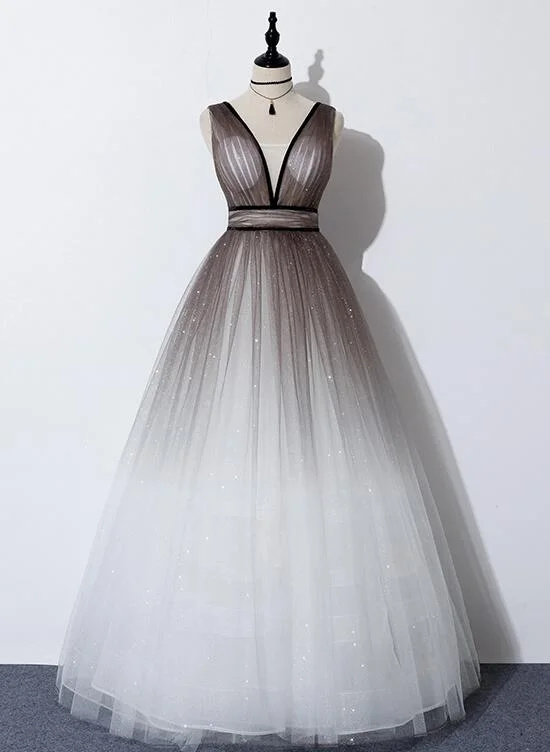 Beautiful Gradient Tulle V-neckline Long Party Dress, New Junior Prom Dress Tunics New arrival