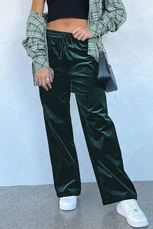 Green Velvet Drawstring Waist Wide Leg Pants Chic Capri Pants
