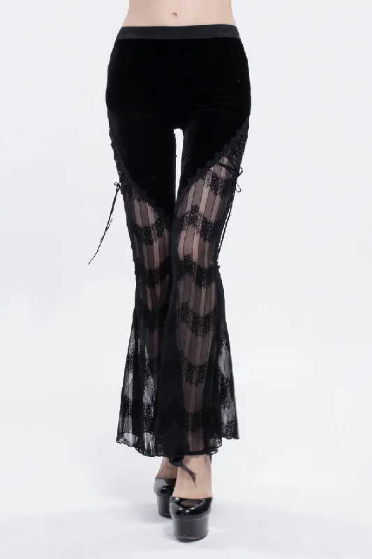 Black Striped Panel Semi Sheer Lace Up Long Women's Gothic Pants Classic Flared Pants