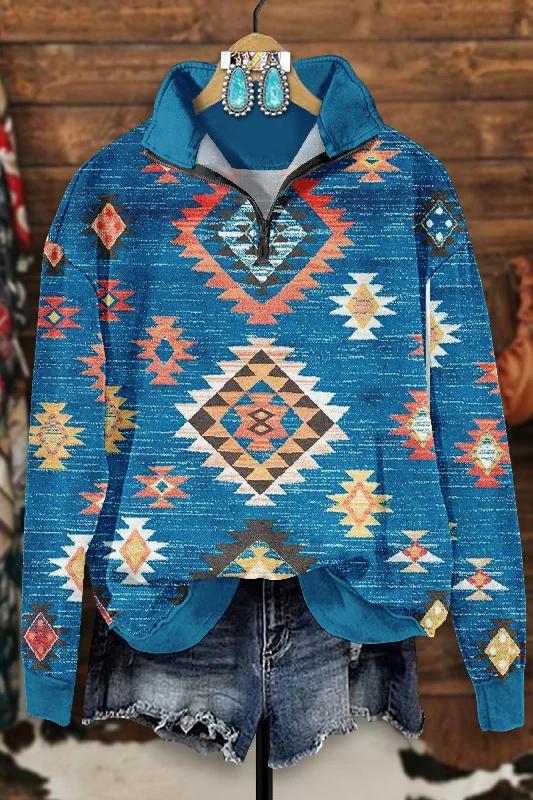 Retro Western Aztec Print Zip-Up Sweatshirt Hoodie with Half-Zip Sporty Casual