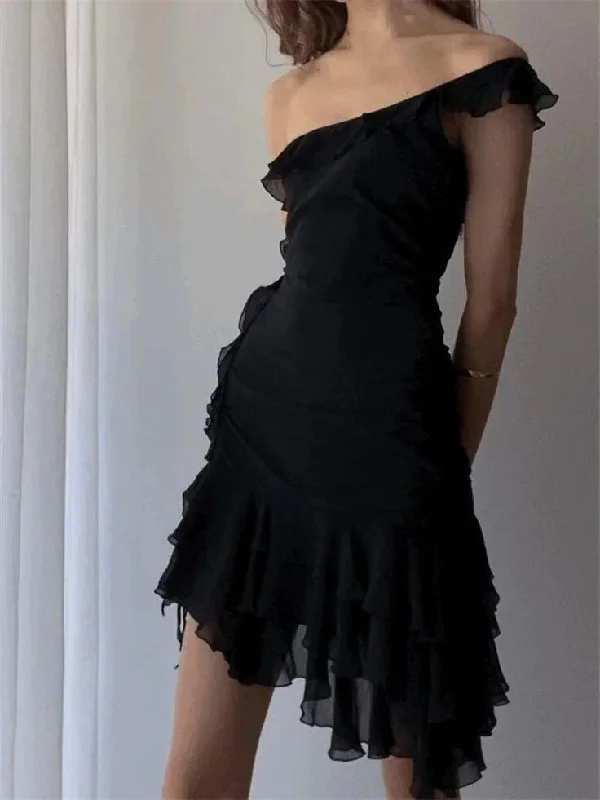 Black One Shoulder Sheath Ruffles Short Party Dress Hoco Dress, DP2994 Tunics Travel practical